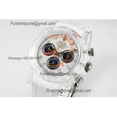 Daytona Transparent SA4130 Automatic Chronograph Mens Watch Best Edition N6F Meteorites Dial White Rubber Strap CHS