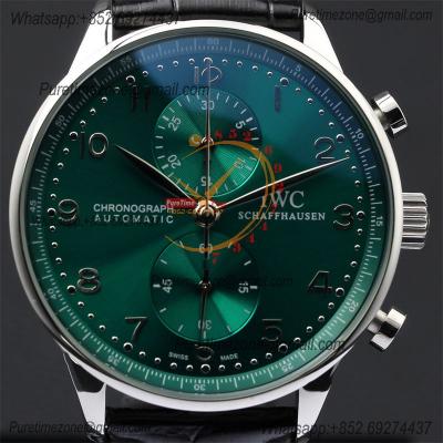 Special Prices Portugieser Japan Quartz Chronograph Mens Watch 40mm Steel Case Green Dial Leather Strap CHS