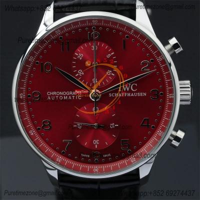 Special Prices Portugieser Japan Quartz Chronograph Mens Watch 40mm Steel Case Red Dial Leather Strap CHS