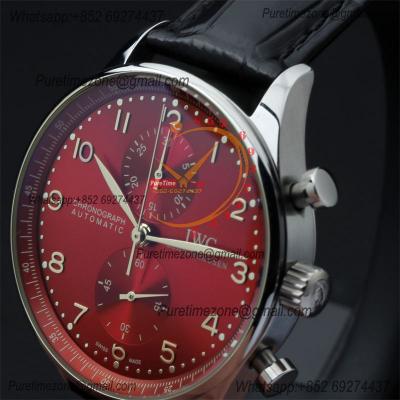 Special Prices Portugieser Japan Quartz Chronograph Mens Watch 40mm Steel Case Red Dial Leather Strap CHS