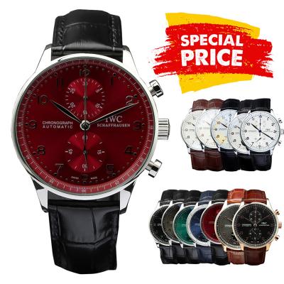 Special Prices Portugieser Japan Quartz Chronograph Mens Watch 40mm Steel Case Red Dial Leather Strap CHS