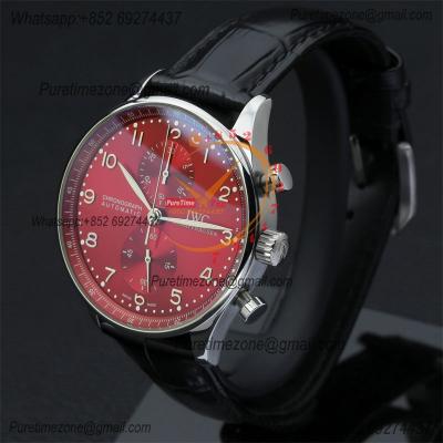 Special Prices Portugieser Japan Quartz Chronograph Mens Watch 40mm Steel Case Red Dial Leather Strap CHS