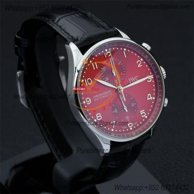 Special Prices Portugieser Japan Quartz Chronograph Mens Watch 40mm Steel Case Red Dial Leather Strap CHS