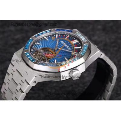 Royal Oak 26521 Extra Thin Hand Winding Tourbillon Mens Watch Best Edition R8F Diamonds Bezel Blue Dial SS Bracele