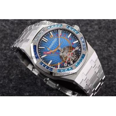 Royal Oak 26521 Extra Thin Hand Winding Tourbillon Mens Watch Best Edition R8F Diamonds Bezel Blue Dial SS Bracele