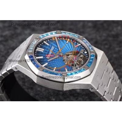 Royal Oak 26521 Extra Thin Hand Winding Tourbillon Mens Watch Best Edition R8F Diamonds Bezel Blue Dial SS Bracele