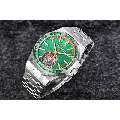 Royal Oak 26532 Extra Thin Automatic Tourbillon Mens Watch Best Edition R8F 42mm Diamond Bezel Green Dial SS Bracele