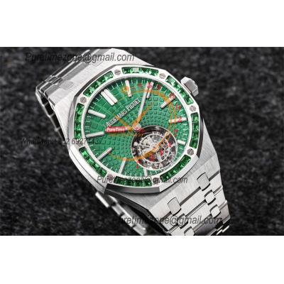 Royal Oak 26532 Extra Thin Automatic Tourbillon Mens Watch Best Edition R8F 42mm Diamond Bezel Green Dial SS Bracele