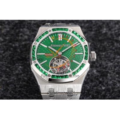 Royal Oak 26532 Extra Thin Automatic Tourbillon Mens Watch Best Edition R8F 42mm Diamond Bezel Green Dial SS Bracele