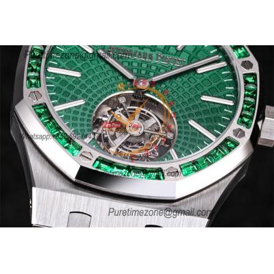 Royal Oak 26532 Extra Thin Automatic Tourbillon Mens Watch Best Edition R8F 42mm Diamond Bezel Green Dial SS Bracele