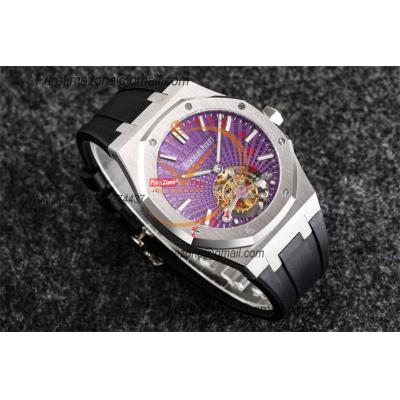 Royal Oak 26521 Extra Thin Automatic Tourbillon Mens Watch Best Edition R8F 42mm Purple Dial Rubber Strap CHS