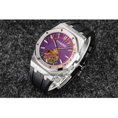 Royal Oak 26521 Extra Thin Automatic Tourbillon Mens Watch Best Edition R8F 42mm Purple Dial Rubber Strap CHS