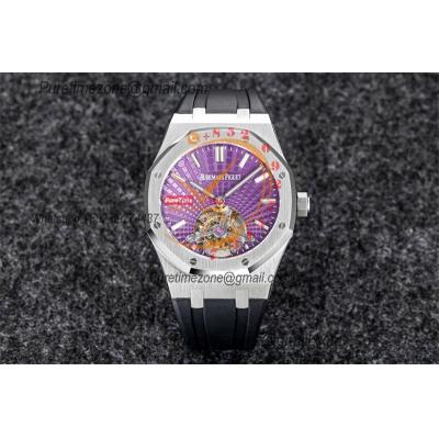 Royal Oak 26521 Extra Thin Automatic Tourbillon Mens Watch Best Edition R8F 42mm Purple Dial Rubber Strap CHS