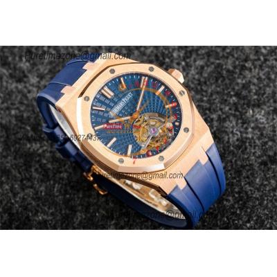 Royal Oak 26521 Extra Thin Automatic Tourbillon Mens Watch Best Edition R8F 42mm RG Blue Dial Rubber Strap CHS