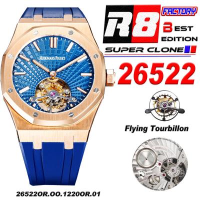 Royal Oak 26521 Extra Thin Automatic Tourbillon Mens Watch Best Edition R8F 42mm RG Blue Dial Rubber Strap CHS