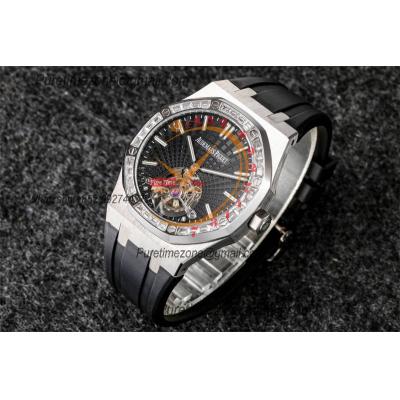 Royal Oak 26521 Extra Thin Automatic Tourbillon Mens Watch Best Edition R8F 42mm Diamond Bezel Black Dial Rubber Strap