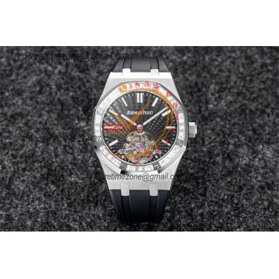 Royal Oak 26521 Extra Thin Automatic Tourbillon Mens Watch Best Edition R8F 42mm Diamond Bezel Black Dial Rubber Strap