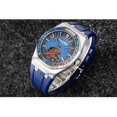 Royal Oak 26521 Extra Thin Automatic Tourbillon Mens Watch Best Edition R8F 42mm Diamond Bezel Blue Dial Rubber Strap