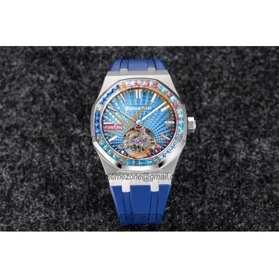 Royal Oak 26521 Extra Thin Automatic Tourbillon Mens Watch Best Edition R8F 42mm Diamond Bezel Blue Dial Rubber Strap