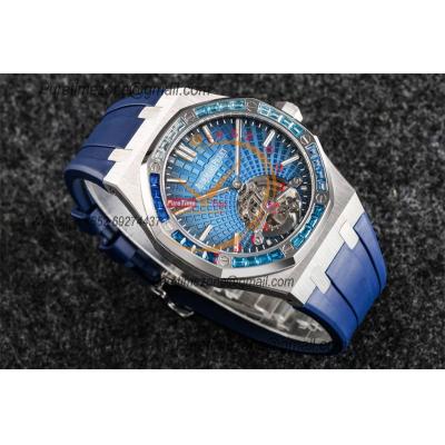 Royal Oak 26521 Extra Thin Automatic Tourbillon Mens Watch Best Edition R8F 42mm Diamond Bezel Blue Dial Rubber Strap