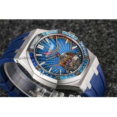 Royal Oak 26521 Extra Thin Automatic Tourbillon Mens Watch Best Edition R8F 42mm Diamond Bezel Blue Dial Rubber Strap