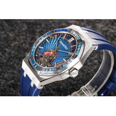 Royal Oak 26521 Extra Thin Automatic Tourbillon Mens Watch Best Edition R8F 42mm Diamond Bezel Blue Dial Rubber Strap