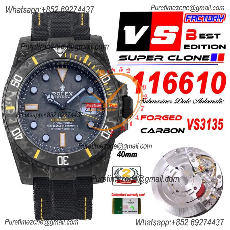 Submariner DIW Carbon VS3135 Automatic Mens Watch VSF 1:1 Best Edition Black Yellow Dial Nylon Strap CHS