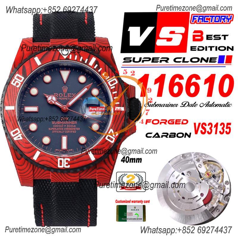 Submariner DIW Red Carbon VS3135 Automatic Mens Watch VSF 1:1 Best Edition Black Dial Nylon Strap CHS