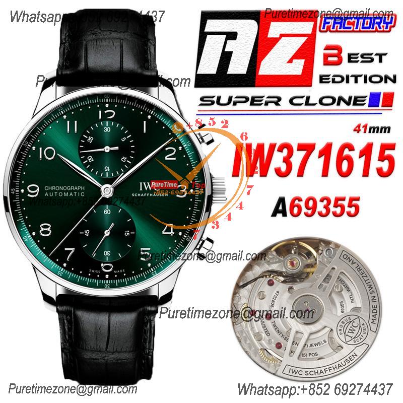 Portuguese IW371615 A69355 Automatic Chronograph Mens Watch AZF Best Edition 41 Green Dial Black Leather CHS