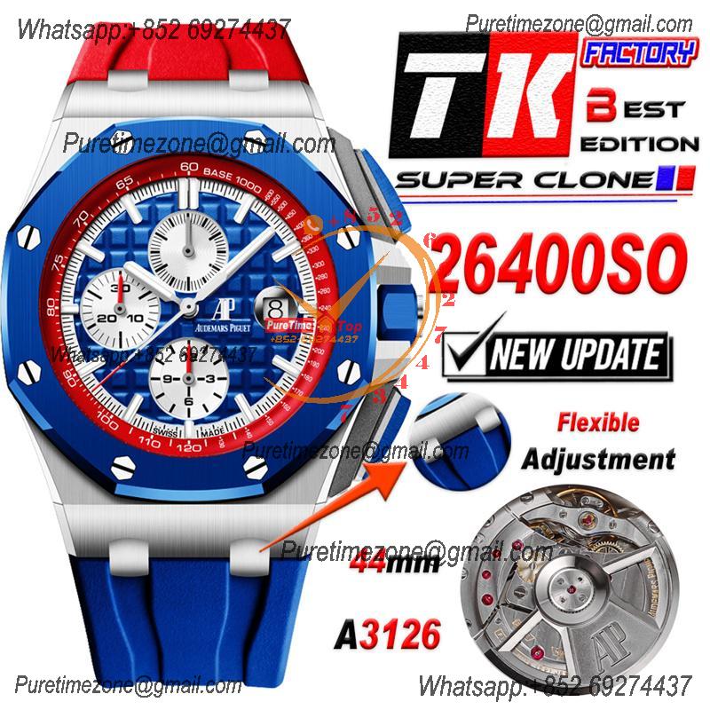 Royal Oak Offshore 26400SO A3126 Automatic Chronograph Mens Watch Best Edition TKF 44 Blue/Red Dial  Rubber Strap CHS