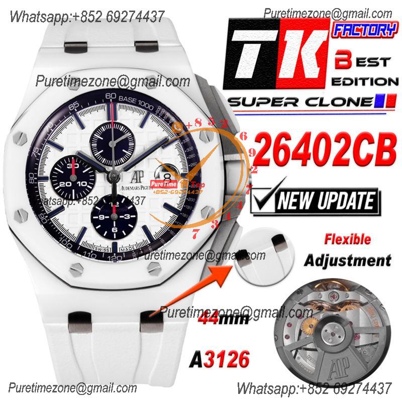 Royal Oak Offshore 26402CB A3126 Automatic Chronograph Mens Watch Best Edition TKF 44 White Ceramic Rubber CHS