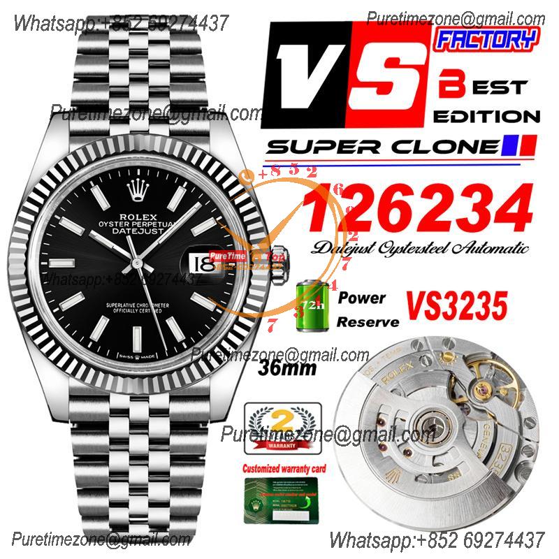 DateJust 36 126234 VS3235 Automatic Mens Watch 904L SS VSF 1:1 Best Edition Black Stick Dial on Jubilee Bracelet CHS