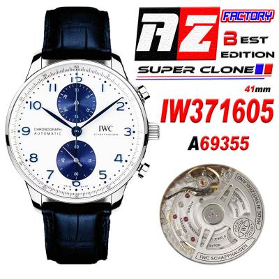 Portuguese IW371605 A69355 Automatic Chronograph Mens Watch AZF Best Edition 41 White Dial Blue Leather CHS