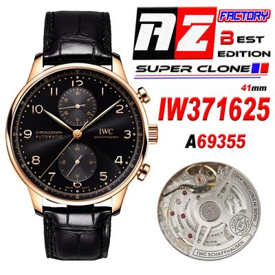 Portuguese IW371625 A69355 Automatic Chronograph Mens Watch AZF Best Edition 41 RG Black Dial Leather Strap CHS