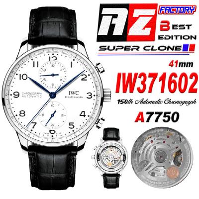 Portugieser 150 Years IW371602 A7750 Automatic Chronograph Mens Watch Best Edition AZF 41 White Dial Black Leather CHS