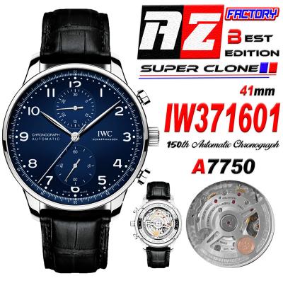 Portugieser 150 Years IW371601 A7750 Automatic Chronograph Mens Watch Best Edition AZF 41 Blue Dial Black Leather CHS