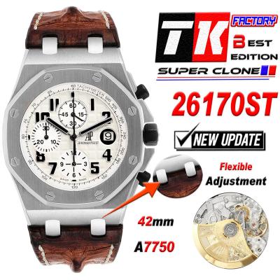 Royal Oak Offshore 26170ST Safari A7750 Automatic Chronograph Mens Watch Best Edition TKF 42 SS White Dial Leather CHS