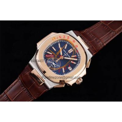 Nautilus 5980 40.5mm A28-520 Atuomatic Chronograph Mens Watch Best Edition 3KF RG Blue Textured Dial Leather CHS