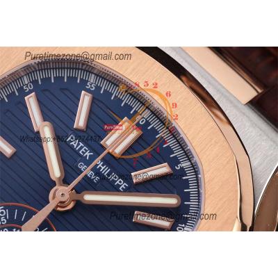 Nautilus 5980 40.5mm A28-520 Atuomatic Chronograph Mens Watch Best Edition 3KF RG Blue Textured Dial Leather CHS