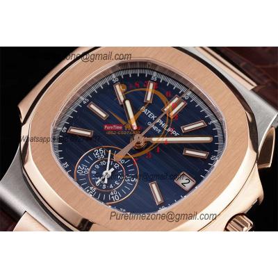 Nautilus 5980 40.5mm A28-520 Atuomatic Chronograph Mens Watch Best Edition 3KF RG Blue Textured Dial Leather CHS