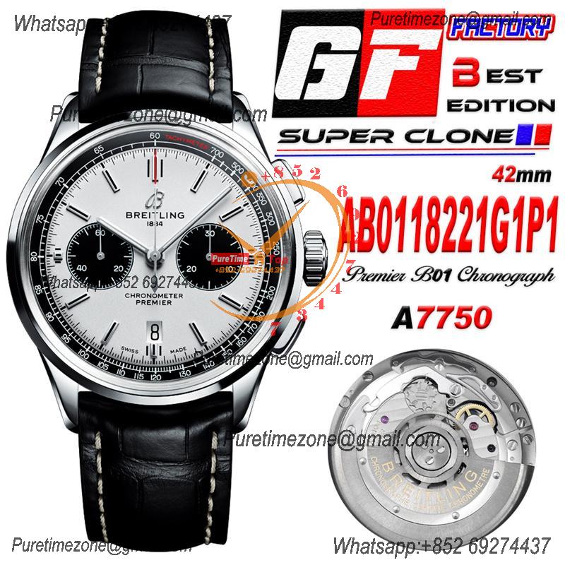 Premier B01 Chronograph 42 A7750 Automatic Mens Watch AB0118221G1P1 Best Edition GF V2 White Dial Leather CHS