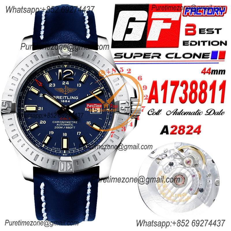 Colt Automatic 44mm A2824 Mens Watch A7438811-C907-105X Best Edition GF SS Blue Dial Leather Strap CHS