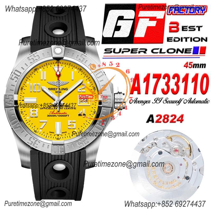 Avenger II Seawolf 45mm A1733110-I519-200S A2824 Automatic Mens Watch Best Edition GF V2 Yellow Dial Rubber CHS