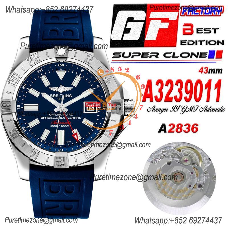 Aeromarine Avenger II GMT 43mm A3239011 A2836 Automatic Mens Watch Best Edition GF SS Blue Dial Rubber CHS