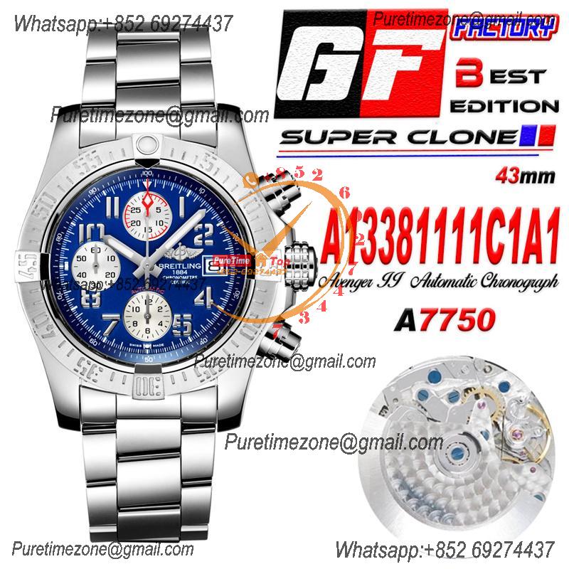 Avenger II 43 A13381111C1A1 A7750 Automatic Chronograph Mens Watch Best Edition GF Blue Dial SS Bracelet CHS