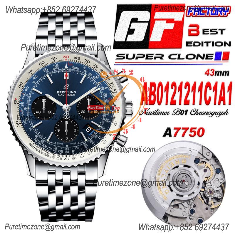 Navitimer B01 43 AB0121211C1A1 A7750 Automatic Chronograph Mens Watch Best Edition GF Blue Dial SS Bracelet CHS