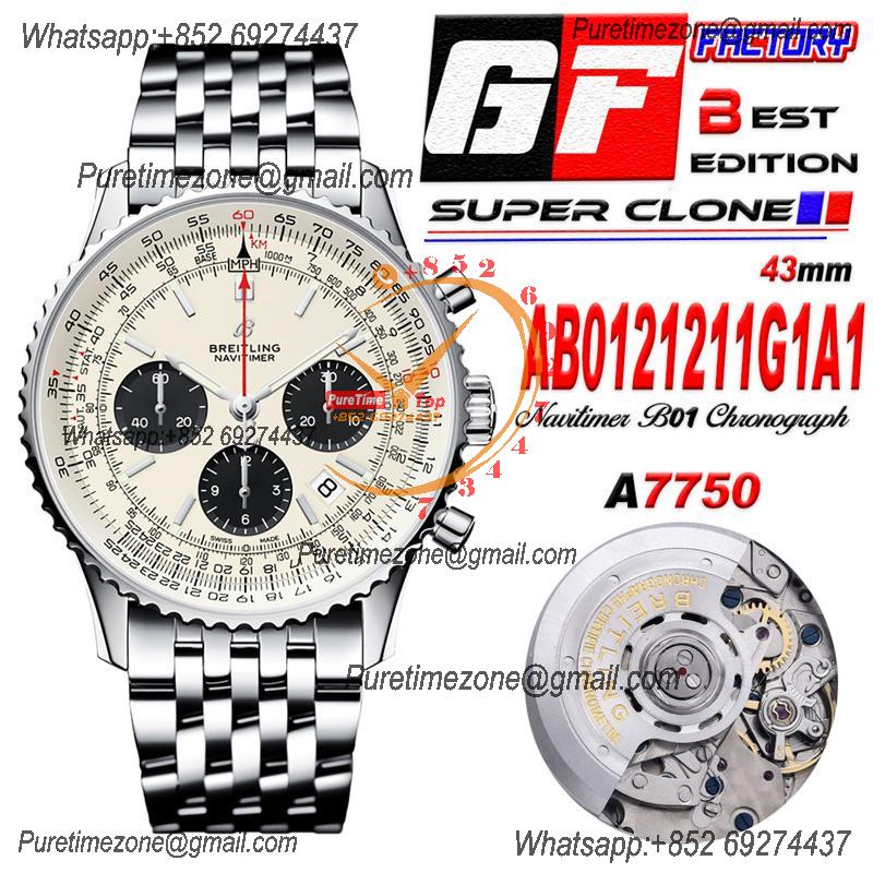 Navitimer B01 43 AB0121211G1A1 A7750 Automatic Chronograph Mens Watch Best Edition GF White Dial SS Bracelet CHS