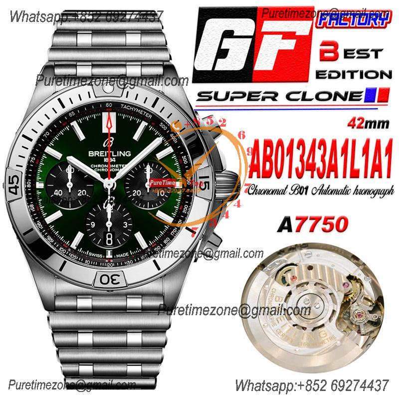 Chronomat B01 42 AB01343A1L1A1 A7750 Automatic Chronograph Mens Watch Best Edition GF Green Dial SS Bracelet CHS