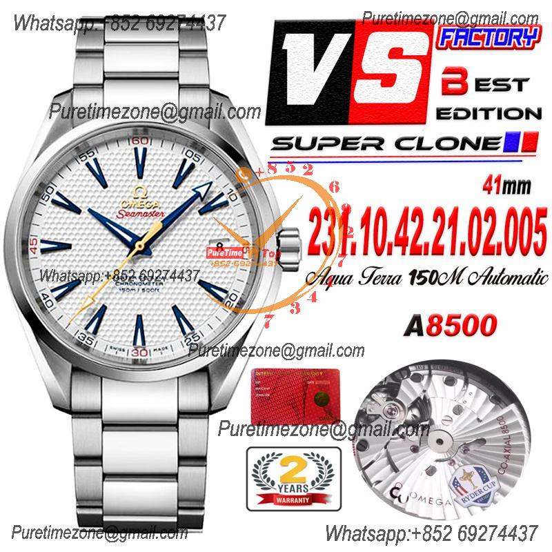 Aqua  Terra Master Ryder Cup Edition A8500 Automatic Mens Watch Best Edition VSF White Textured Dial SS Bracelet CHS