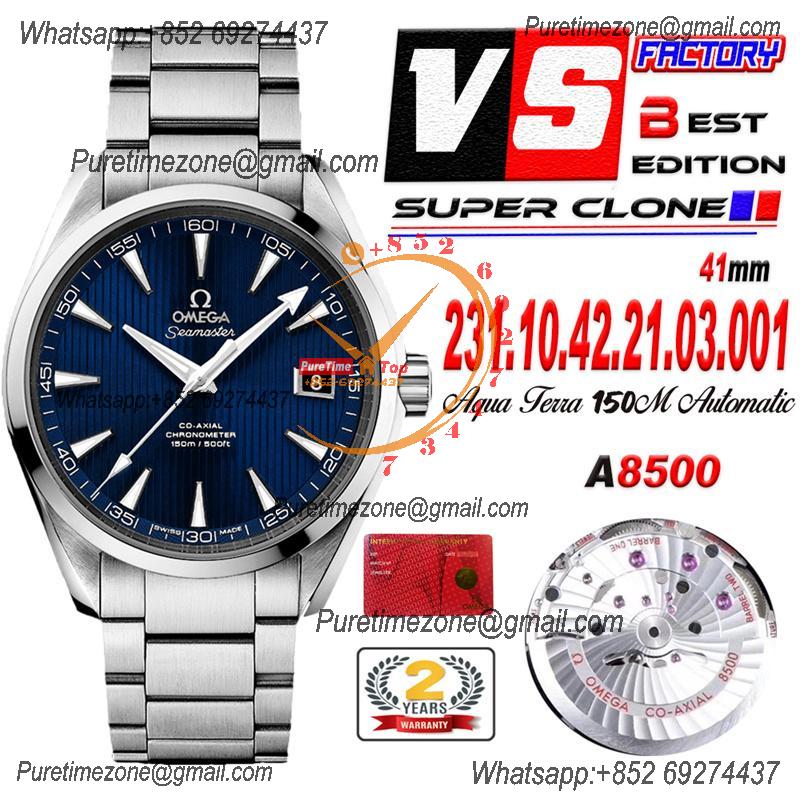 Aqua Terra 150M A8500 Automatic Mens Watch Best Edition VSF Blue Textured Dial SS Bracelet CHS 231.10.42.21.03.001